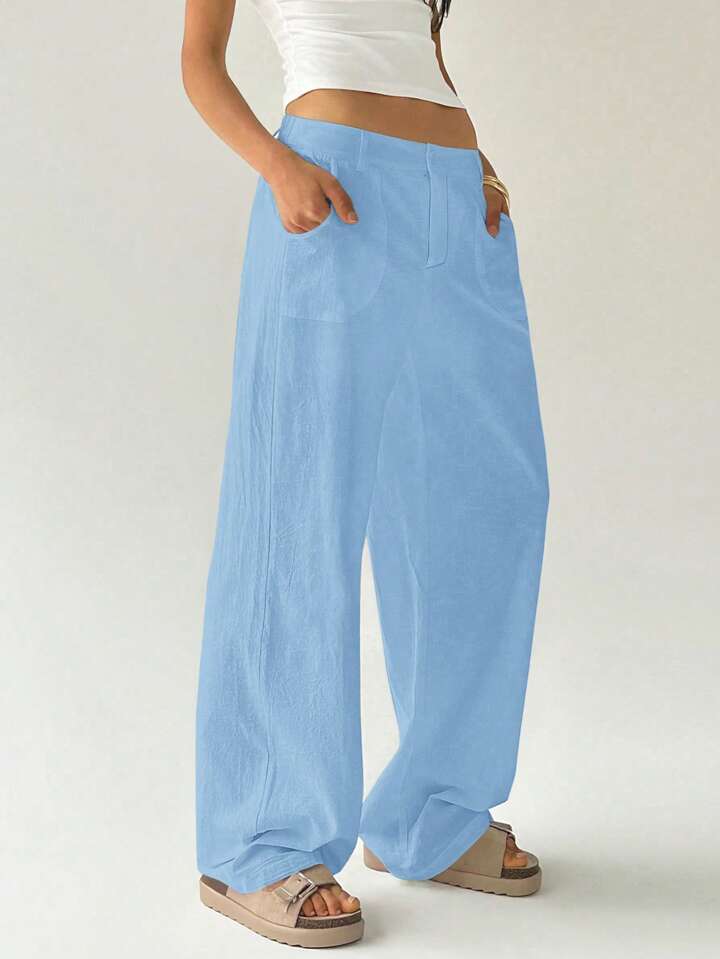CM-BS214435 Women Casual Seoul Style Solid Color Low Waist Loose Straight Leg Pants - Blue