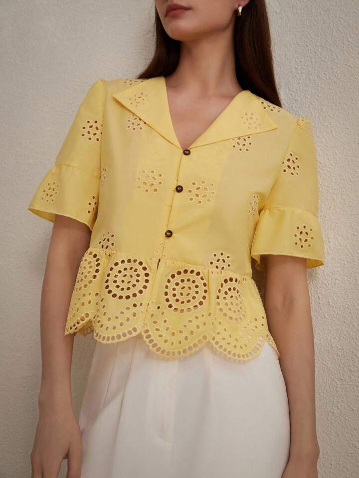 CM-TS061633 Women Casual Seoul Style Hollow Embroidery Turn-Down Collar Shirt - Yellow