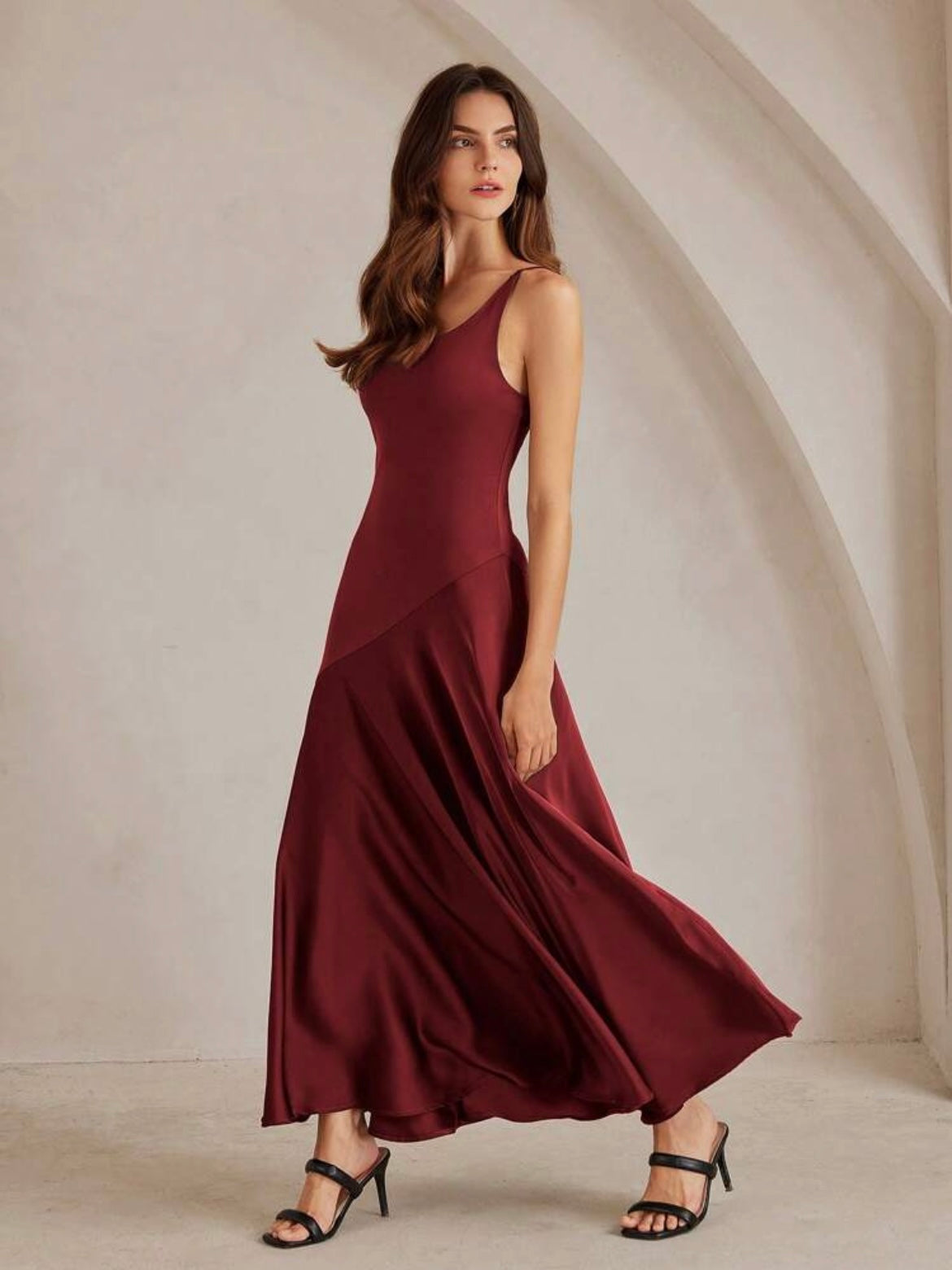 CM-DS076176 Women Elegant Seoul Style Solid Color Minimalist Spaghetti Strap Maxi A-Line Dress - Red