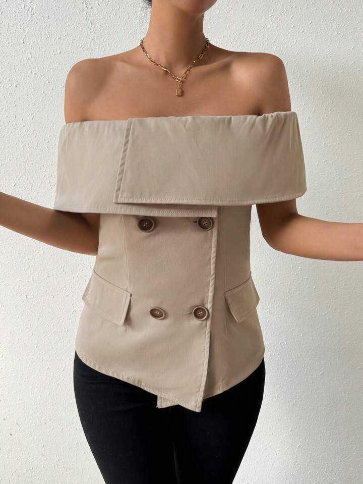 CM-TS245285 Women Casual Seoul Style Off-Shoulder Bandeau Neckline Slim Fit Shirt
