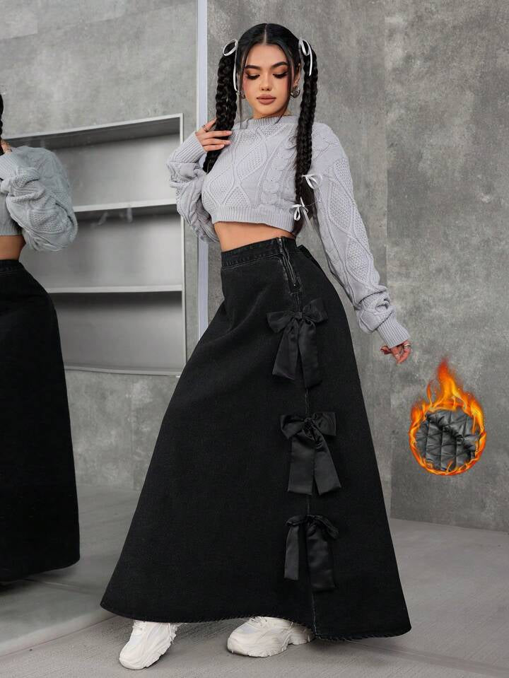CM-BS823825 Women Casual Seoul Style Lace Up Bow Decor Loose Denim Skirt - Black