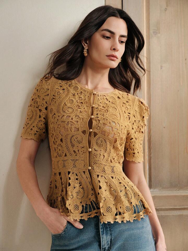 CM-TS411908 Women Casual Seoul Style Round Neck Short Sleeve Hollow Floral Patterned Waist A-Line Knit Top - Yellow