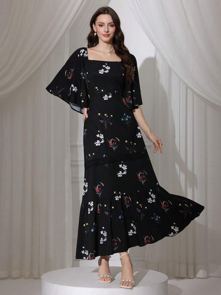 CM-DS851963 Women Elegant Seoul Style Square Neck Flounce Sleeve High Waist Long Dress