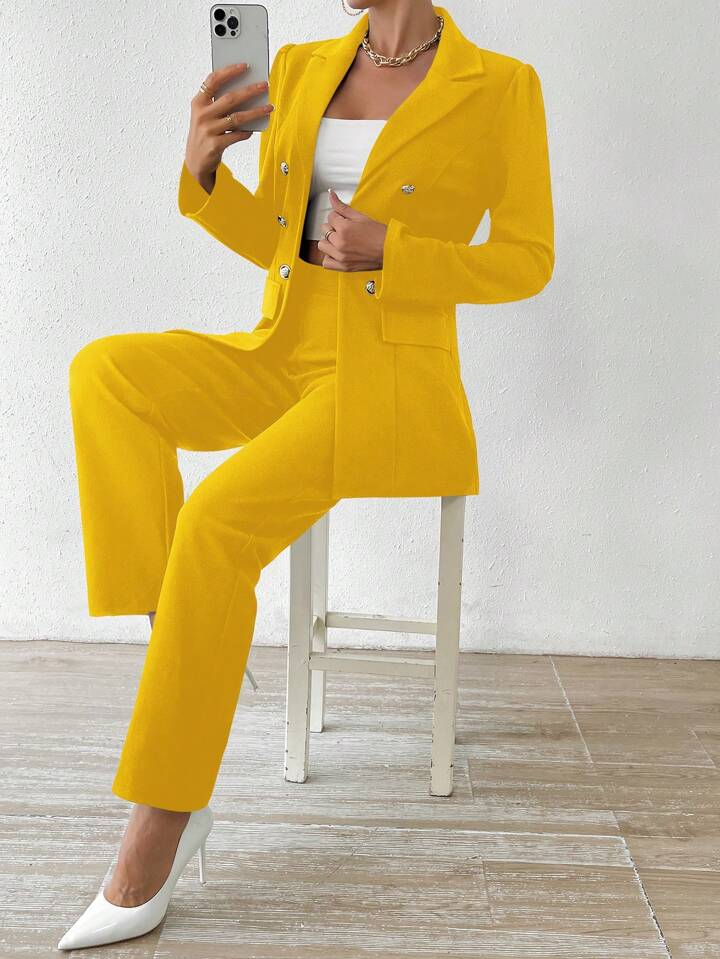 CM-SS464862 Women Elegant Seoul Style Double-Breasted Blazer With Trousers Suit - Yellow