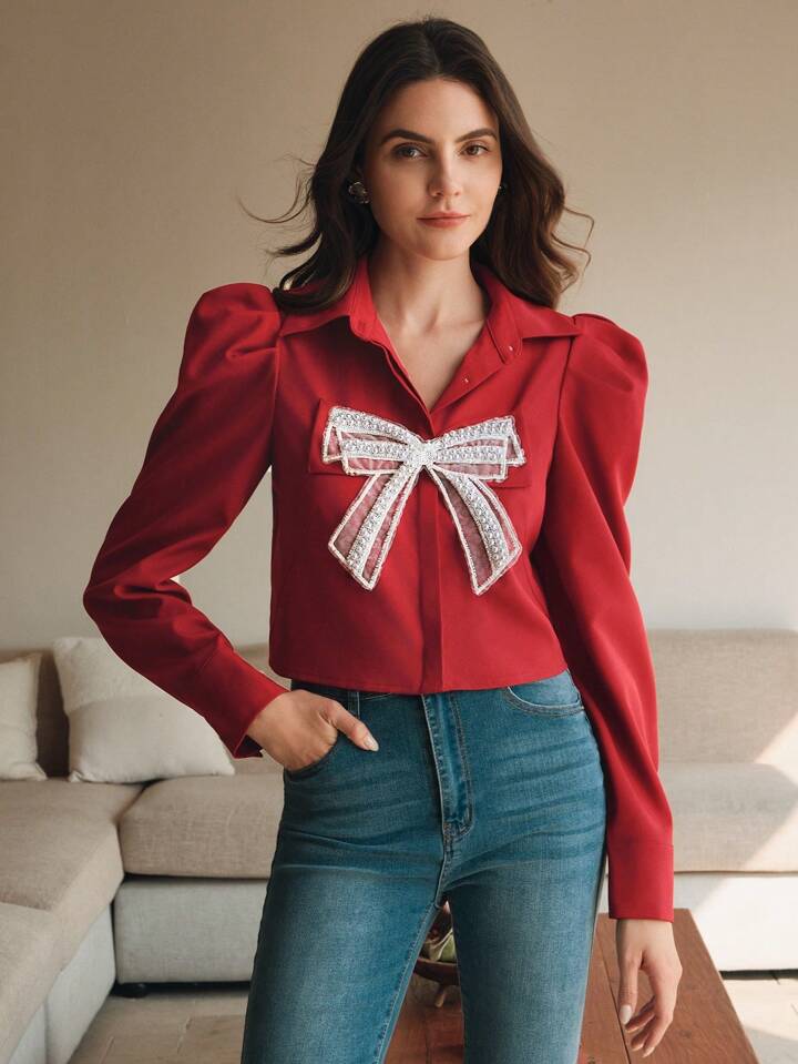 CM-TS919720 Women Elegant Seoul Style Collar Neckline Butterfly Pearl Floral Long Sleeve Blouse - Red