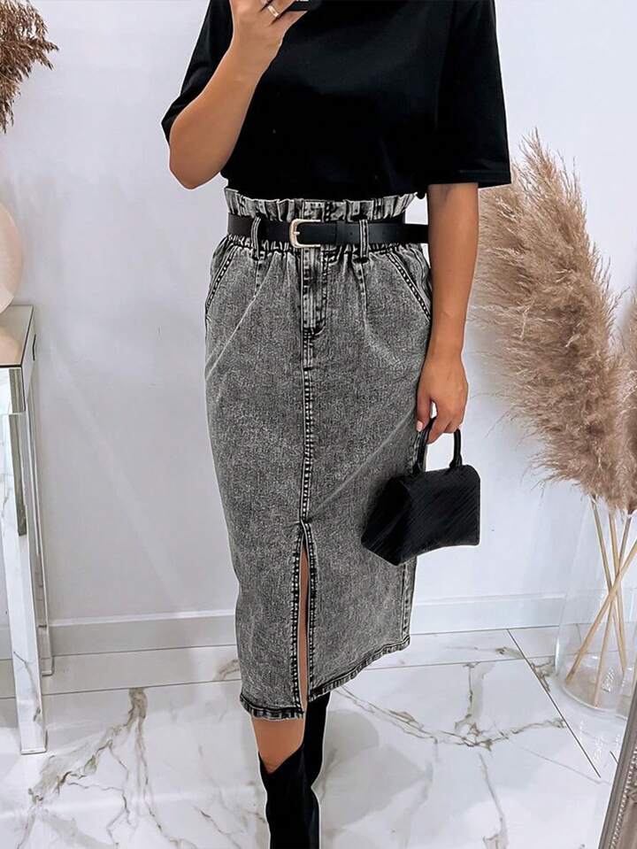 CM-BS244152 Women Casual Seoul Style Side Split Straight Pencil Skirt - Gray