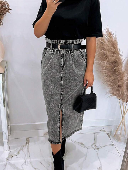 CM-BS244152 Women Casual Seoul Style Side Split Straight Pencil Skirt - Gray