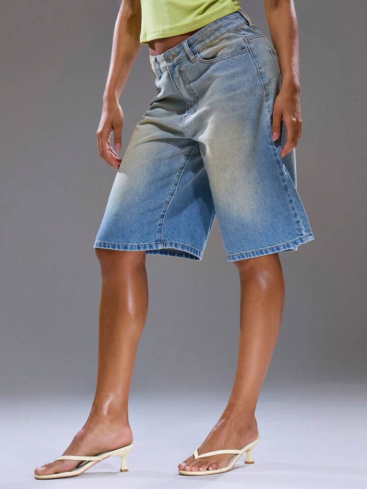 CM-BS182309 Women Casual Seoul Style Washed Oversized Longline Low Waist Jorts - Blue