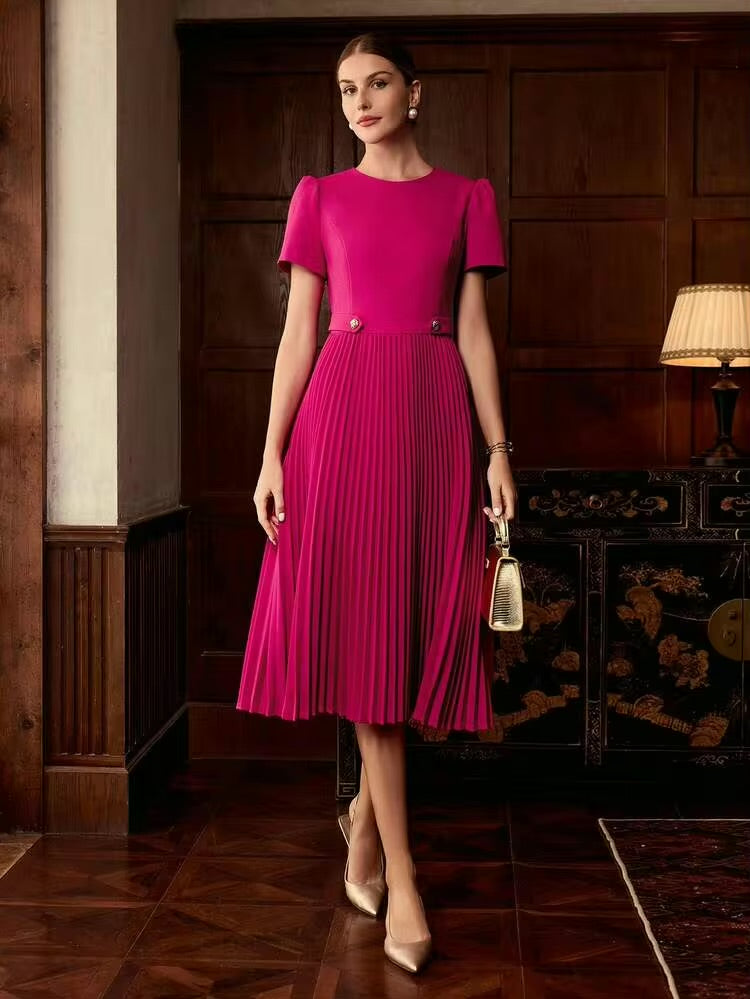 CM-DS609773 Women Elegant Seoul Style Round Neck Puff Sleeve Pleated Hem A-Line Mid-Length Dress - Hot Pink