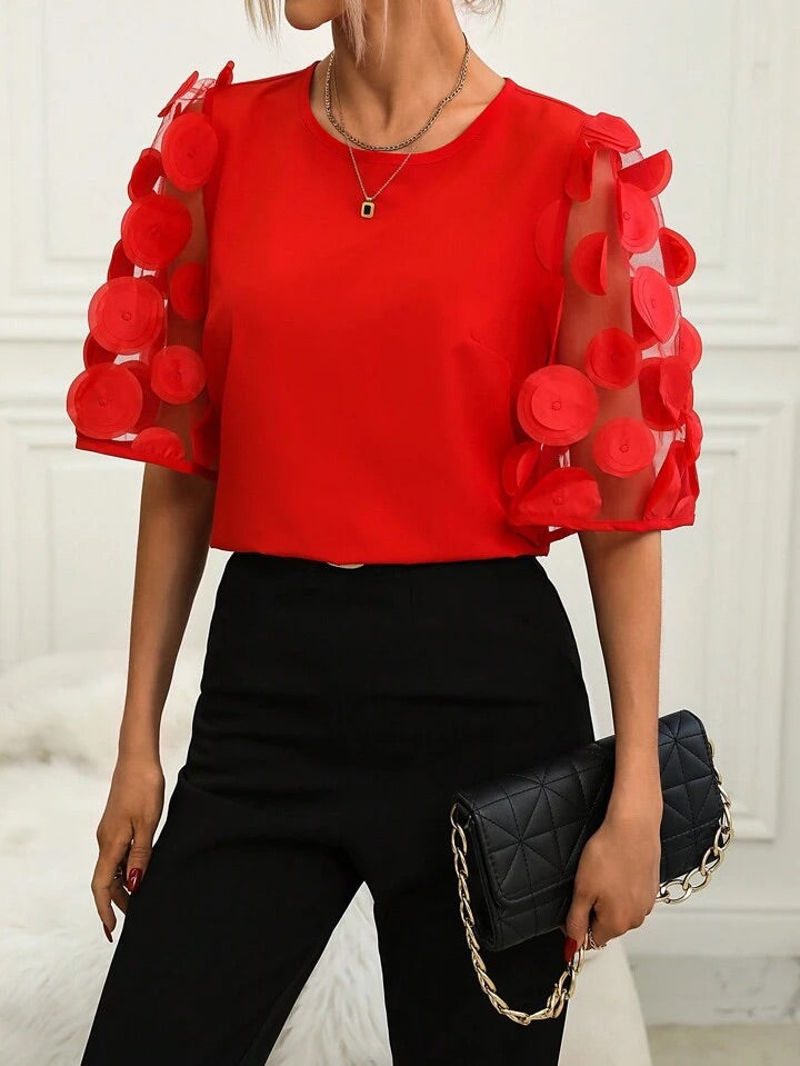 CM-TS636193 Women Casual Seoul Style Round Neck Contrast Mesh Sleeve Blouse - Red