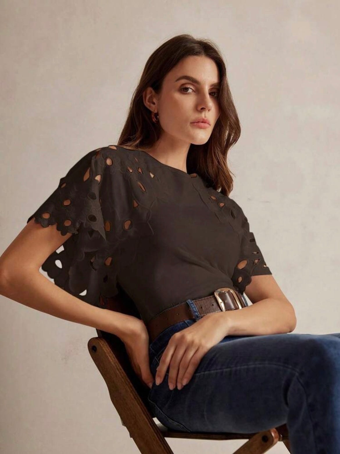 CM-TS648548 Women Elegant Seoul Style Solid Color Hollow-Out Short Sleeve T-Shirt - Coffee Brown