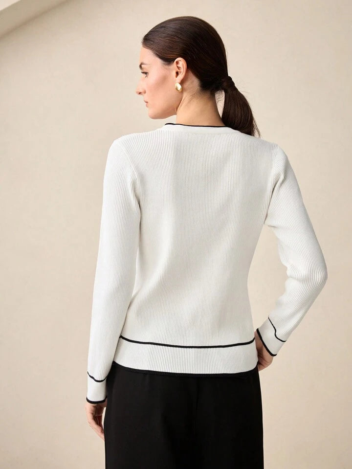 CM-CS945558 Women Casual Seoul Style White Bow Accent Contrast Collar Long Sleeve Cardigan