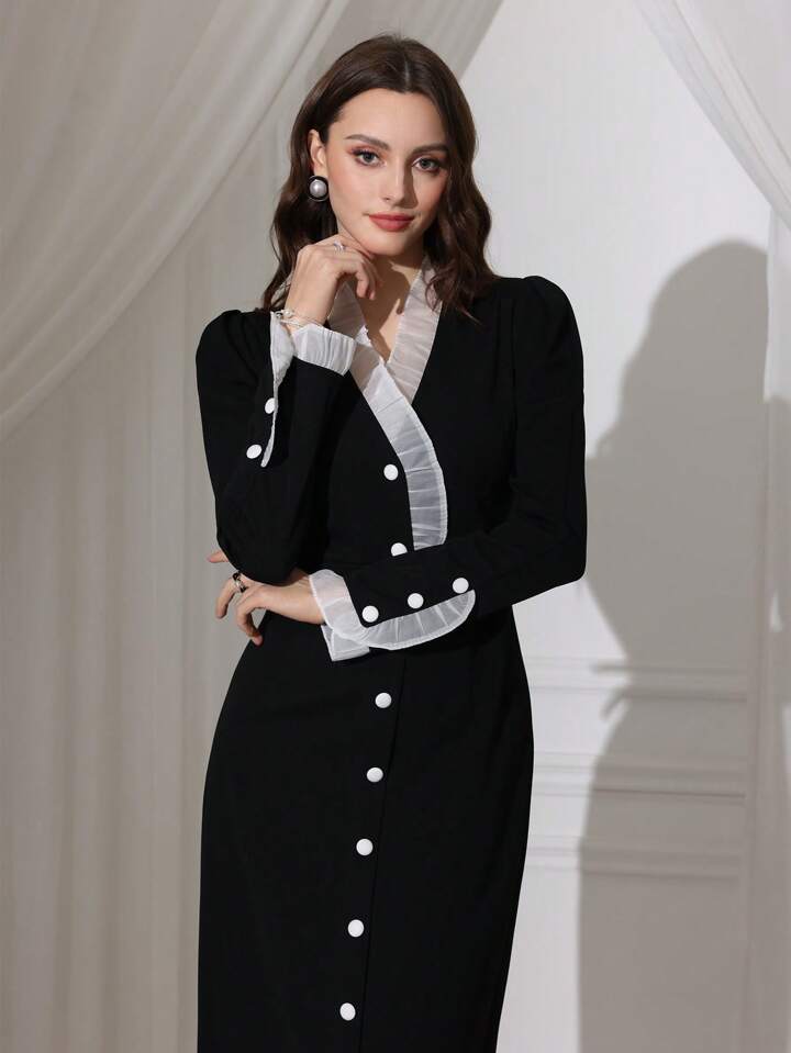 CM-DS799859 Women Elegant Seoul Style V-Neck Puff Sleeve Colorblock Long Bodycon Dress - Black