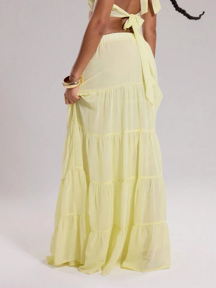 CM-BS411144 Women Trendy Bohemian Style Chiffon Layered Tiered Loose Maxi Skirt - Yellow