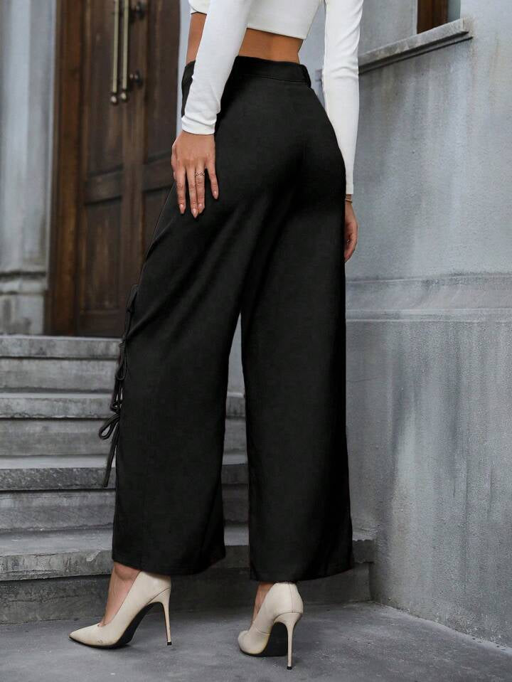 CM-BS641421 Women Casual Seoul Style Bowknot Decoration High Slit Wide Leg Pants - Black