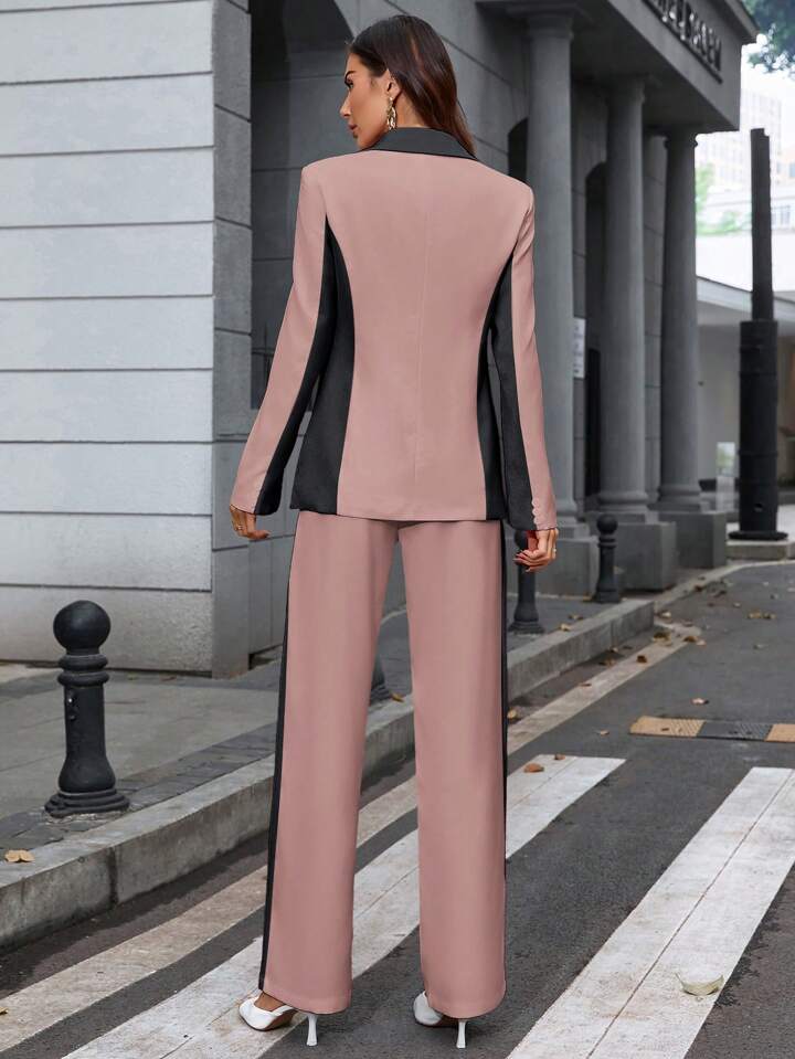 CM-SS924590 Women Elegant Seoul Style Contrast Color Lapel Neckline Long Sleeve Blazer With Suit Pants - Set