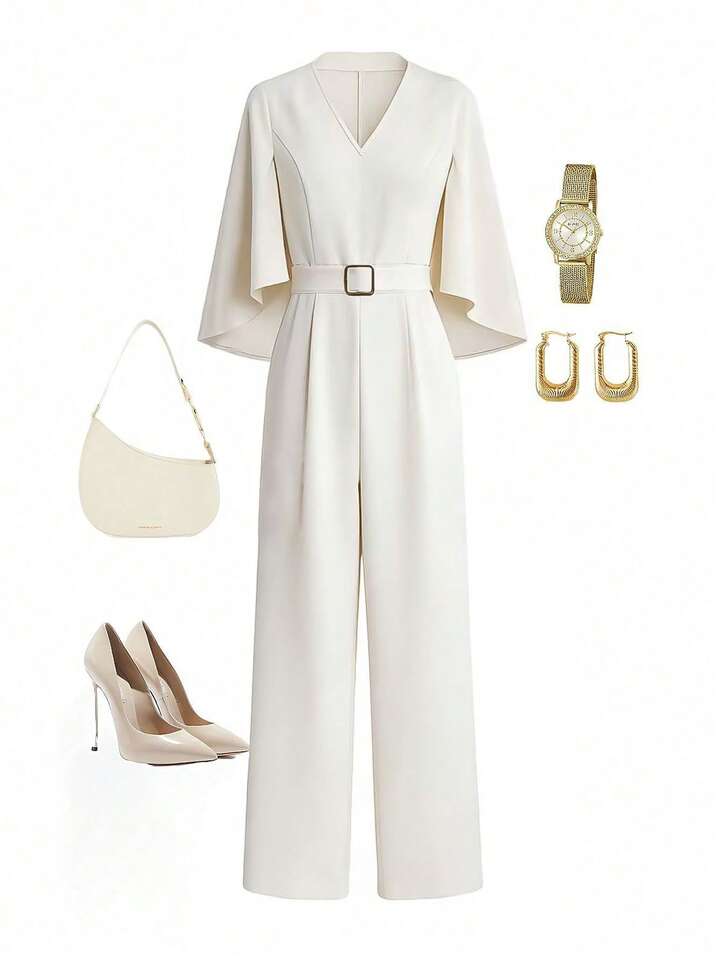 CM-JS239604 Women Elegant Seoul Style V-Neck Sleeveless Metal Buckle Belt Waist Cinching Long Jumpsuit - Apricot