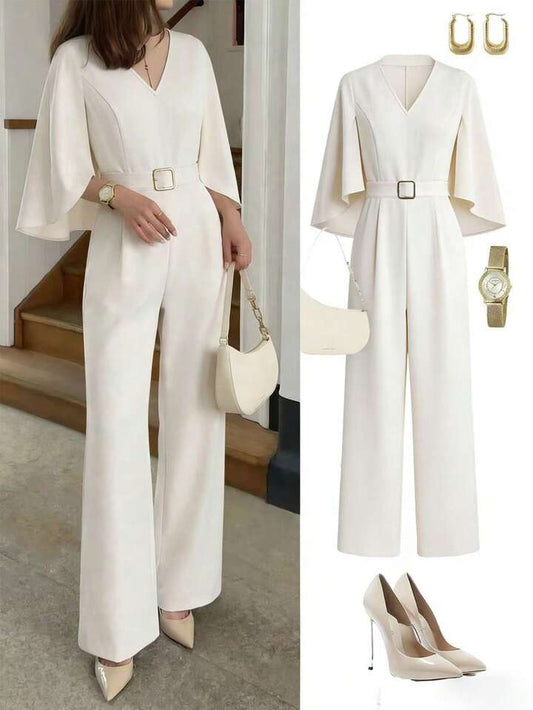 CM-JS239604 Women Elegant Seoul Style V-Neck Sleeveless Metal Buckle Belt Waist Cinching Long Jumpsuit - Apricot