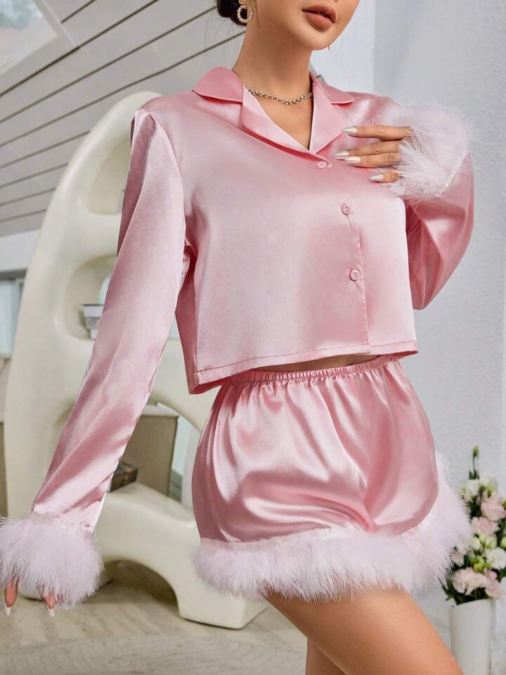 CM-LS176068 Women Trendy Seoul Style Satin Contrast Faux Fur Pajamas Set - Pink