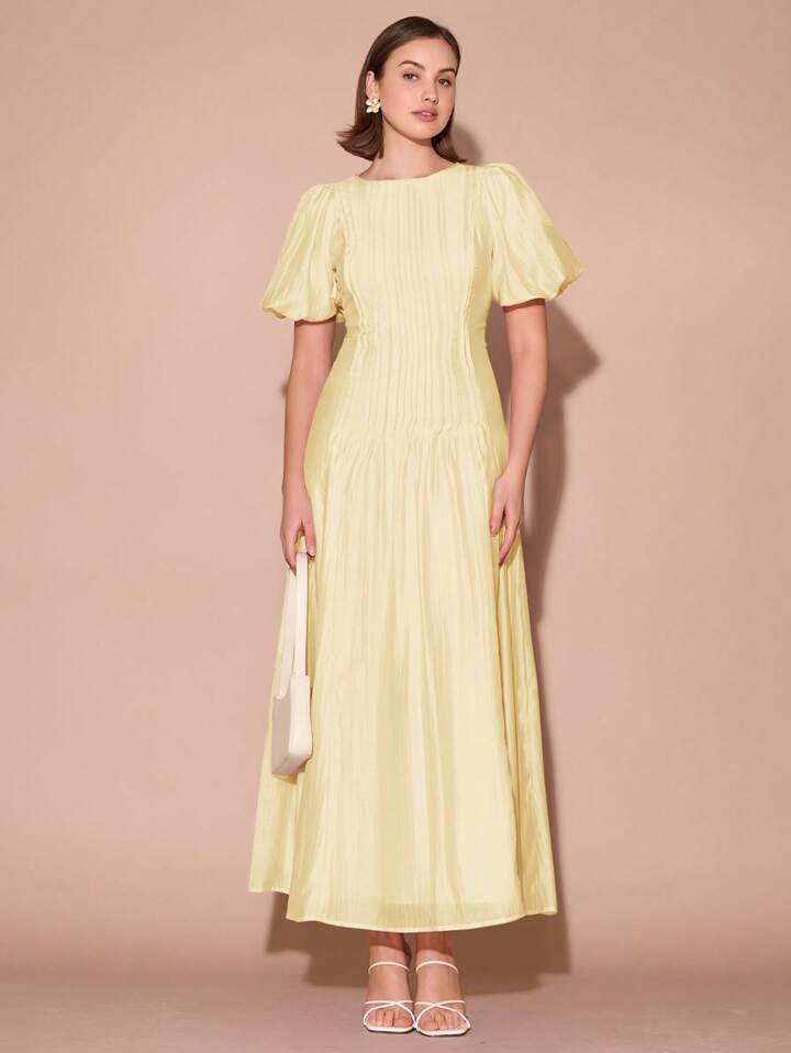 CM-DS122255 Women Elegant Seoul Style Round Neck Bubble Pleat Puff Long Sleeve Maxi Dress - Yellow