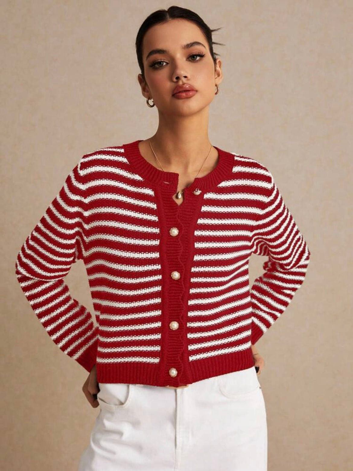 CM-CS697905 Women Casual Seoul Style Striped Print Button Front Long Sleeve Cardigan - Red