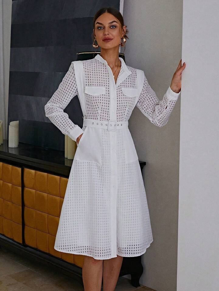 CM-DS131190 Women Elegant Seoul Style Stand Colar Long Sleeve Midi Dress - White