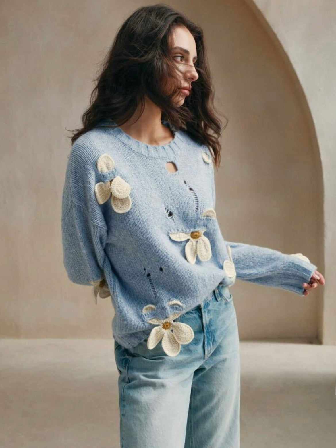 CM-CS411147 Women Casual Seoul Style Round Neck Crochet 3D Floral Long Sleeve Knitted Sweater