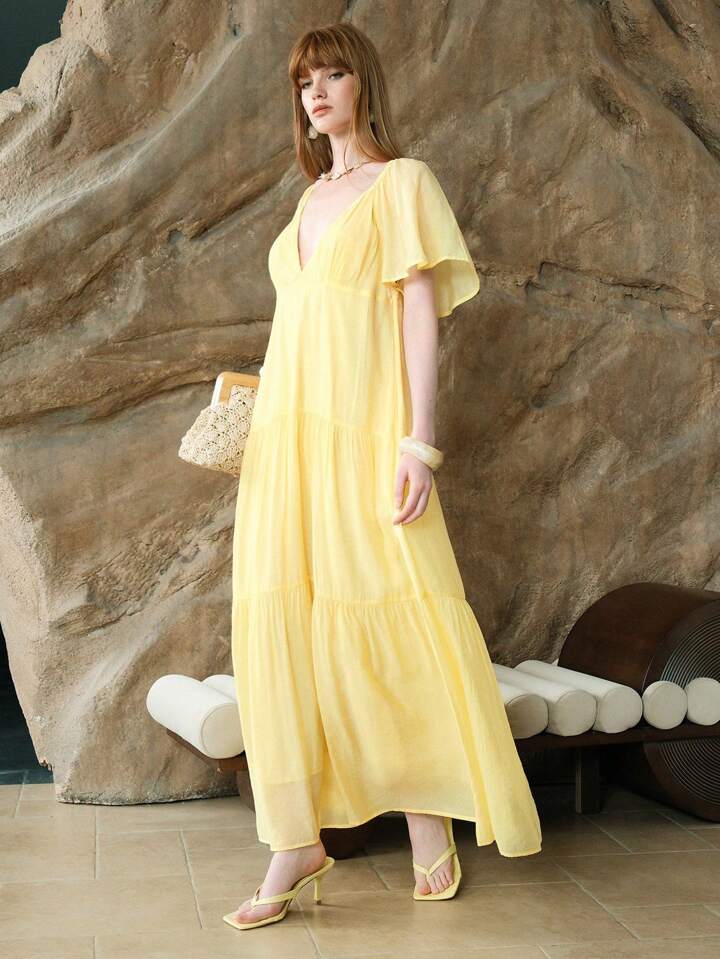 CM-DS661692 Women Casual Seoul Style V-Neck Cap Sleeve Loose High-End Splice Midi Dress - Yellow
