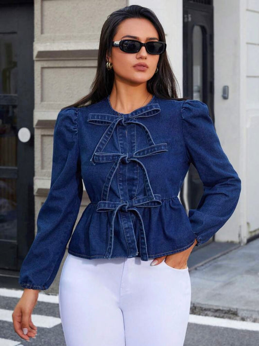 CM-TS244043 Women Casual Seoul Style Dark Wash Round Neck Bow Decor Long Sleeve Denim Blouse