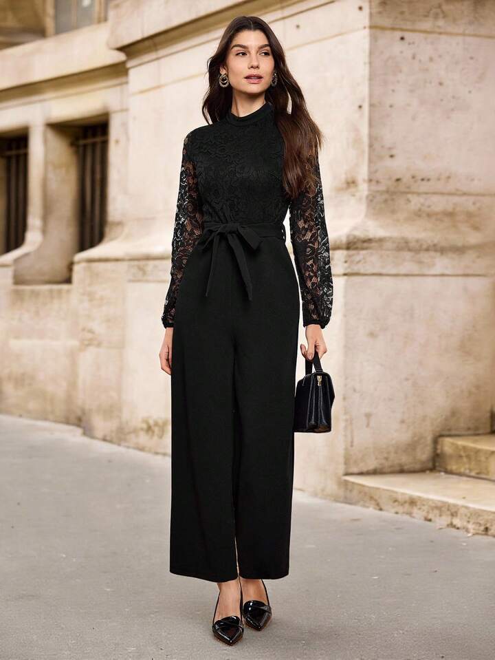 CM-JS699929 Women Elegant Seoul Style Contrast Lace Lantern Sleeve Belted Wide Leg Jumpsuit - Black