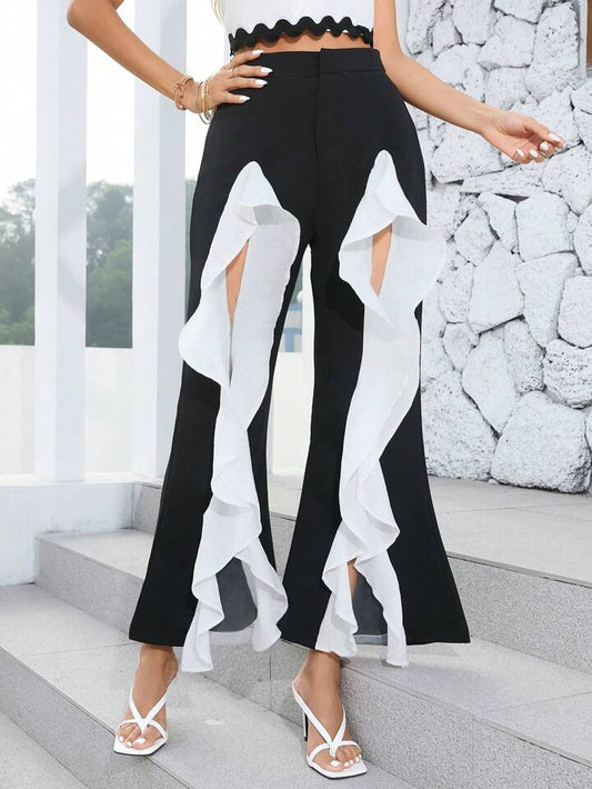 CM-BS099166 Women Casual Seoul Style Contrast Color Hollow Out Bell Layered Ruffles Pants