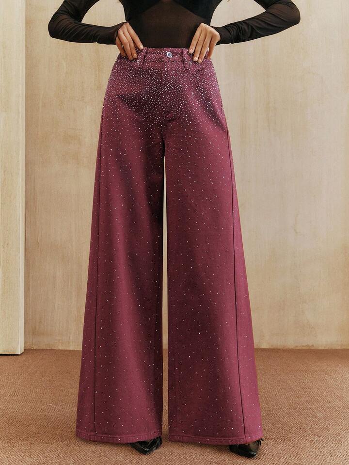 CM-BS349219 Women Elegant Seoul Style Mid Waist Baggy Flared Leg Pants - Burgundy