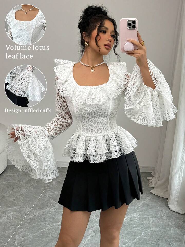 CM-TS158537 Women Elegant Seoul Style Square Neck Ruffled Floral Lace Flare Sleeve Blouse - White