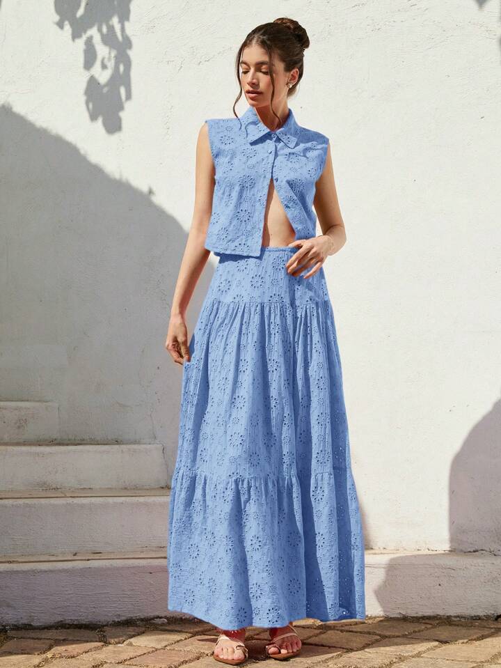 CM-SS287707 Women Casual Seoul Style Shirt Collar Sleeveless Loose Blouse With Ruched Maxi A-Line Skirt - Set