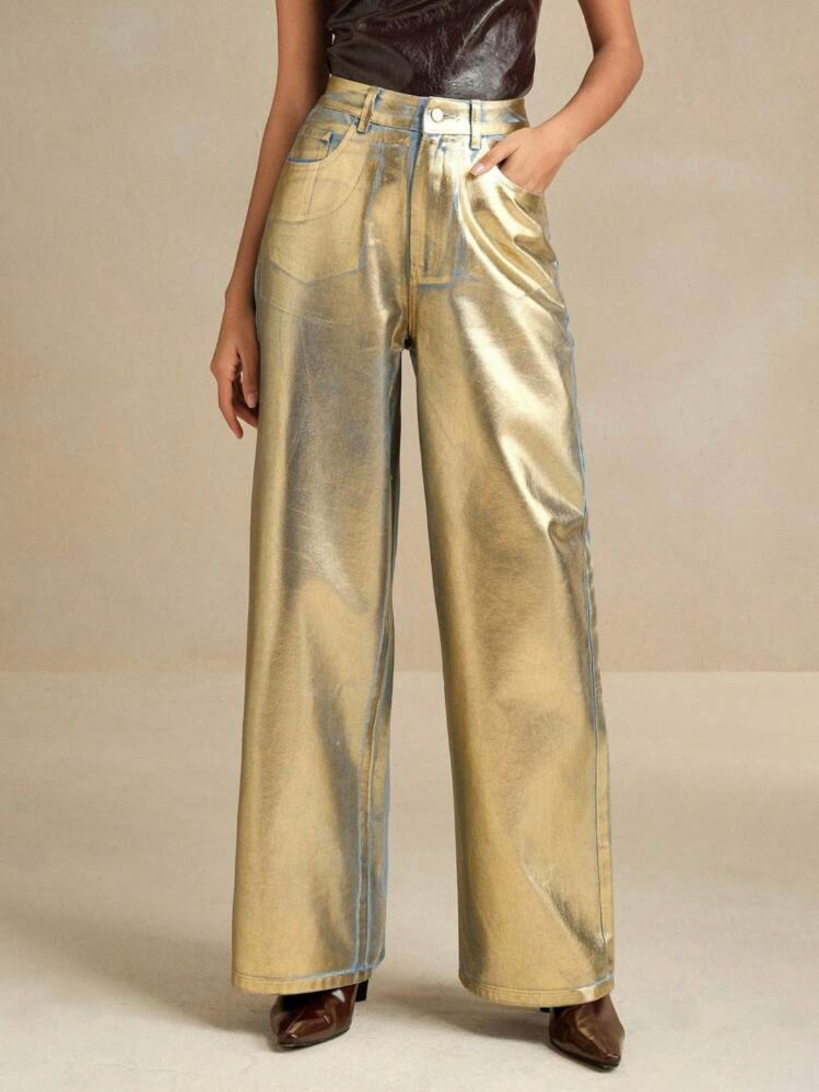 CM-BS820399 Women Elegant Seoul Style Metallic Patchwork Loose High Waist Straight Leg Jeans - Blue