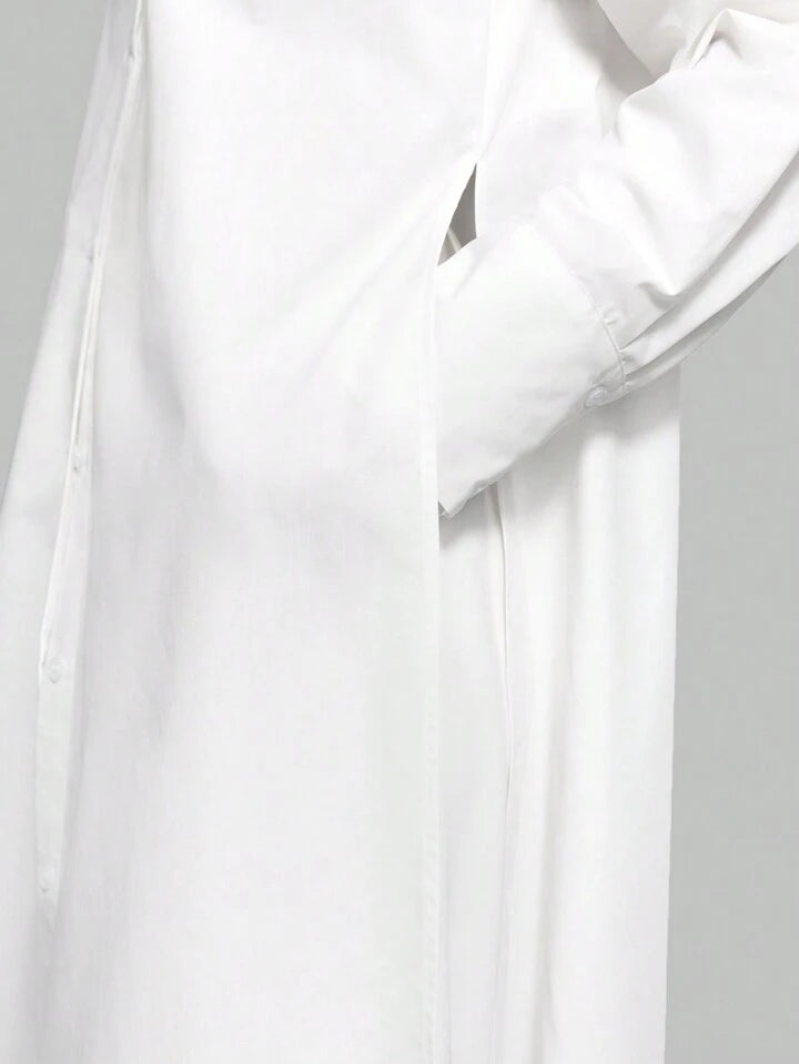 CM-TS859922 Women Casual Seoul Style Shirt Collar Long Sleeve Front Button High Slit Long Shirt - White