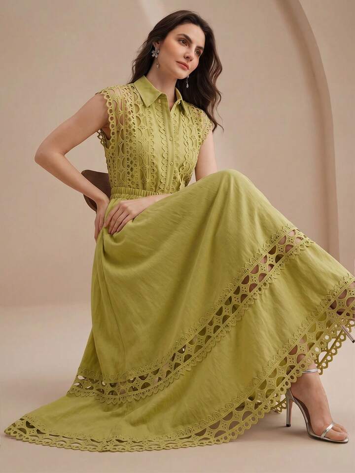 CM-SS636973 Women Elegant Seoul Style Hollow Floral Splice Collar Neckline Sleeveless Shirt With Flared Skirt - Set