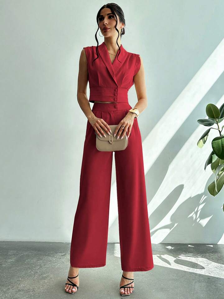 CM-SS251155 Women Elegant Seoul Style Collared Fitted Cap Sleeve Shirt With Straight-Leg Pants Suit - Red