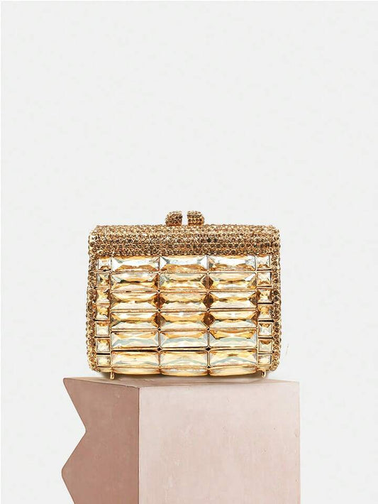 CM-BGS417135 Women Elegant Seoul Style Mini Square Gold Rhinestone Hollow Out Crystal Clutch Bag - Gold