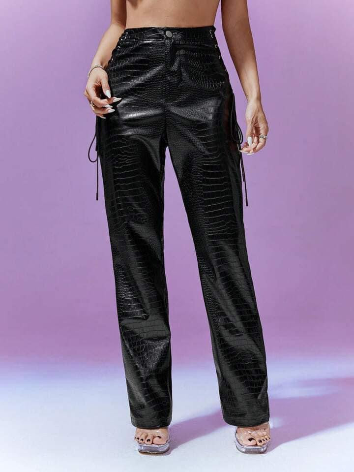 CM-BS911393 Women Elegant Seoul Style Side Crossed Straps Cutout Embossed Cargo Pants - Black