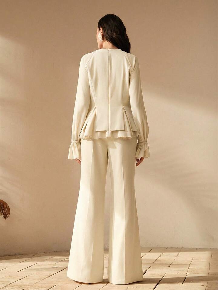 CM-SS834729 Women Elegant Seoul Style Round Neck Long Sleeve Chiffon Patchwork Blouse With Flared Leg Pants - Set
