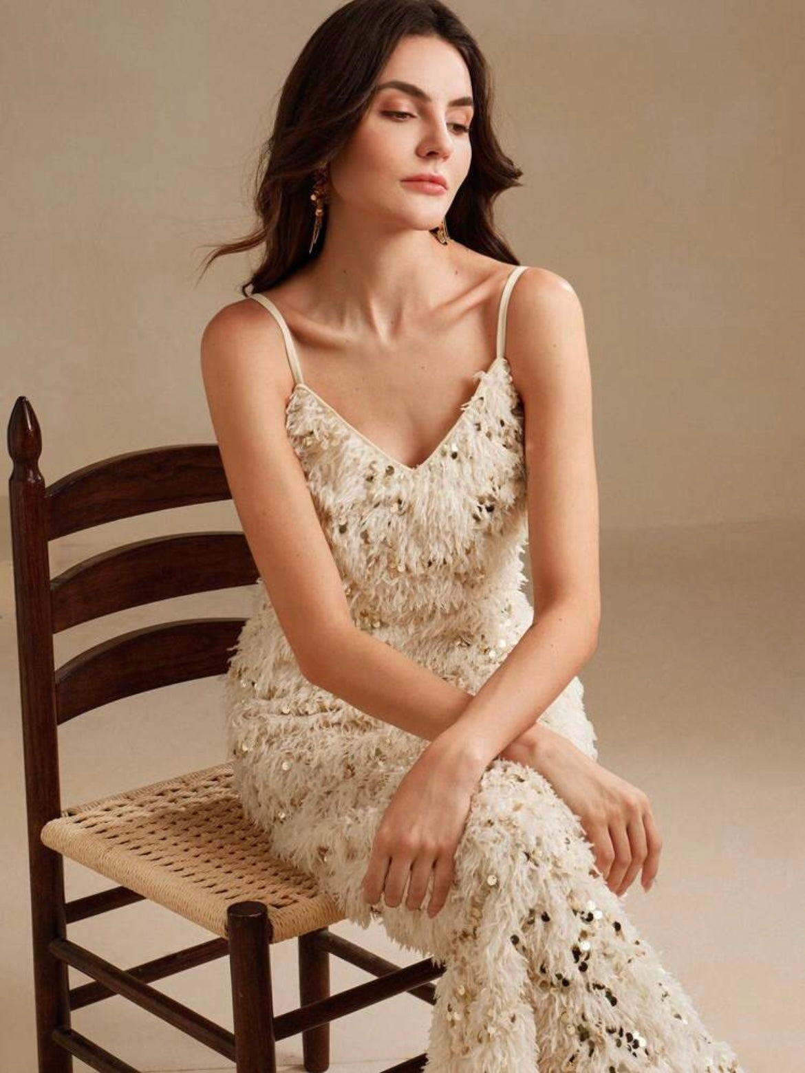 CM-DS722963 Women Elegant Seoul Style Fitted Sequin Embellished Feather Decor Slip Dress - Apricot