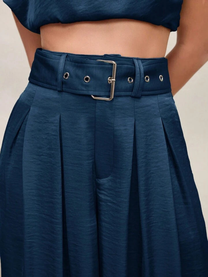 CM-BS064448 Women Casual Seoul Style High Waist Pleated Wide Leg Pants - Blue