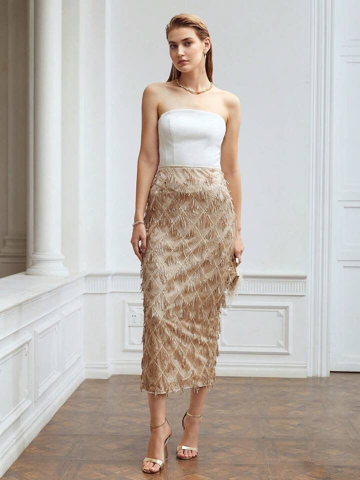 CM-BS966127 Women Elegant Seoul Style Premium Sequin Fringe Midi Skirt - Khaki