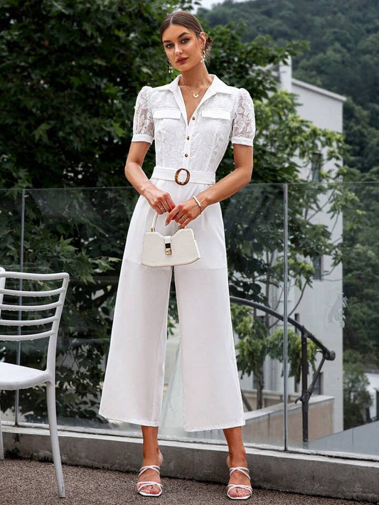 CM-JS036140 Women Elegant Seoul Style Lace Splicing Short Sleeve Jumpsuit - White