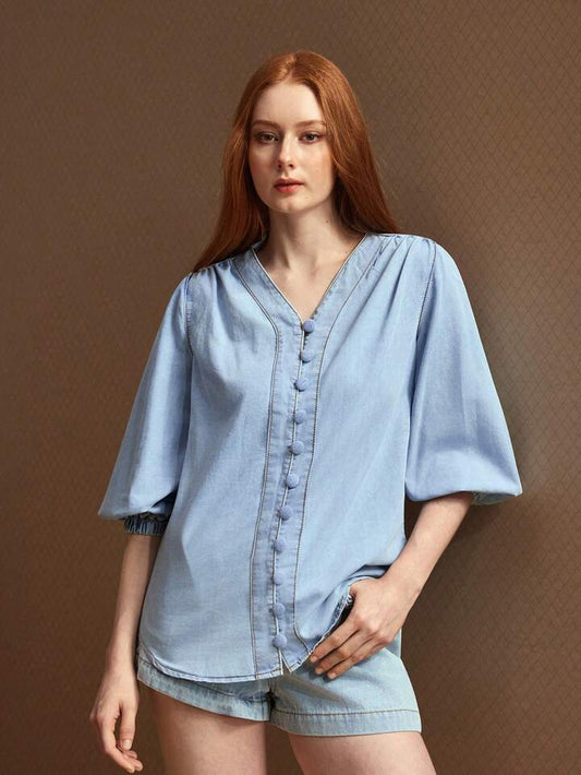 CM-TS906161 Women Casual Seoul Style Notched Neckline 3/4 Sleeve Single-Breasted Denim Blouse - Blue