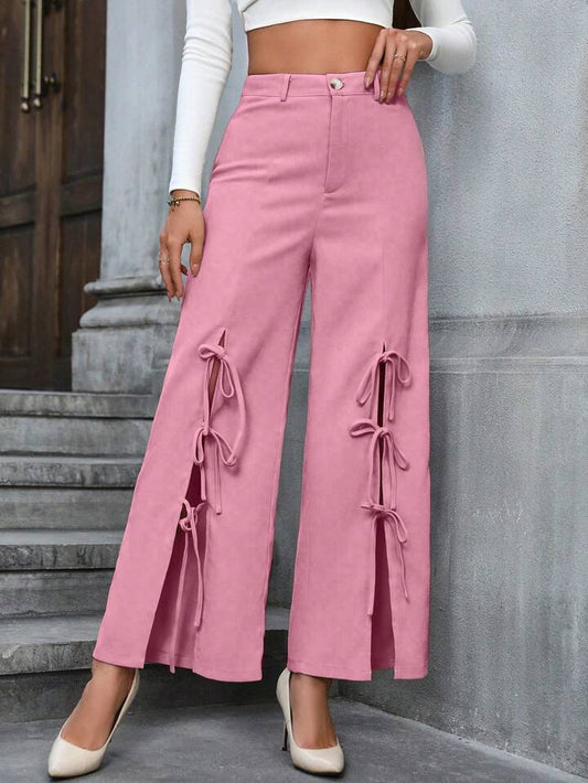 CM-BS642710 Women Casual Seoul Style Bowknot Decoration High Slit Wide Leg Pants - Pink