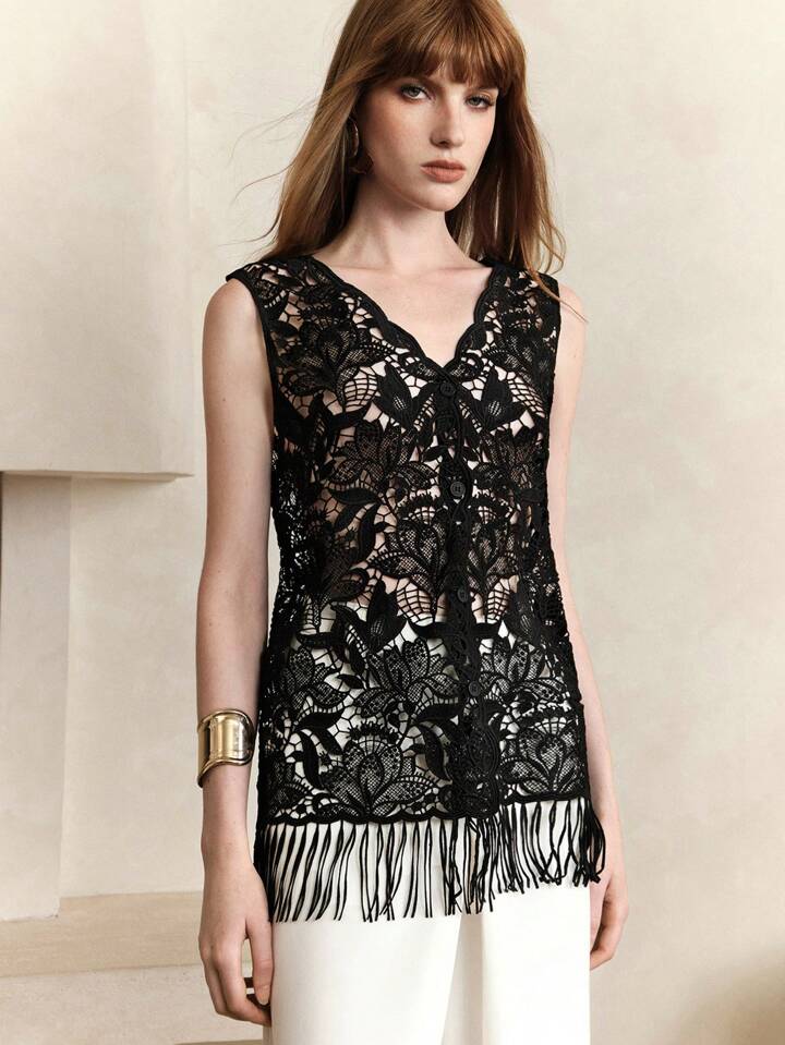 CM-TS197853 Women Elegant Seoul Style Lace Hollow Out V-Neck Splice Tassel Sleeveless Open Cover Up Top - Black