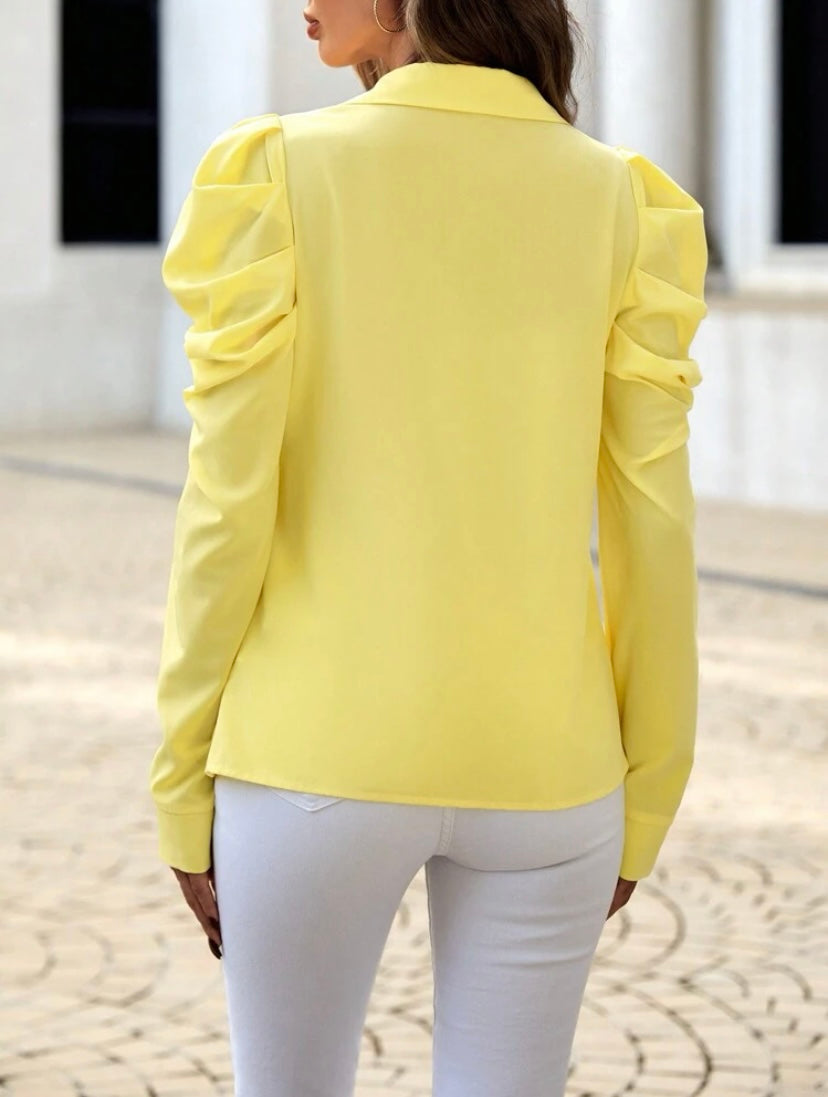 CM-TS822116 Women Casual Seoul Style Collar Neckline Tie Front Gigot Sleeve Shirt - Yellow