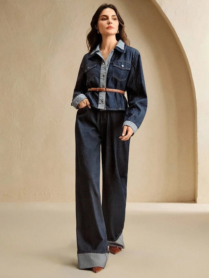 CM-CS284416 Women Casual Seoul Style Collar Neckline Long Sleeve Fitted Denim Jeans - Blue